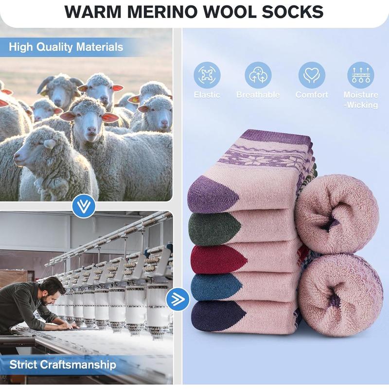 5 Pairs Merino Wool Socks for Women Winter Thick Warm Hiking Socks Women Thermal Crew Cushion Socks