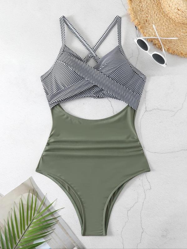 Women's Criss Cross Cut Out Ruched Tie Back Swimsuit, Bathing Suits 2024 for Women, Summer Tummy Control Swimwear, Adjustable Strap Backless One-piece Swimwear