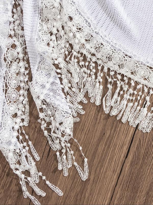 Women's Solid Fringe Trim Cover Up, Casual Tassel Decor Cover Up for Summer, Fashion Women's Swimwear for Beach Holiday Vacation