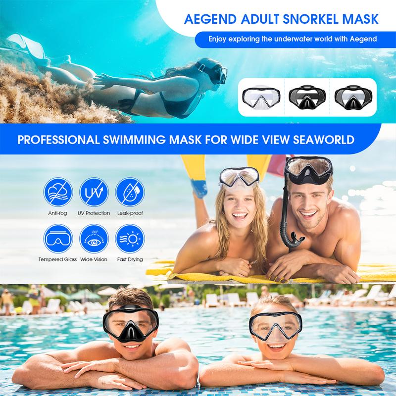 Aegend Swim Goggles with Nose Cover Adult Snorkel Mask, Tempered Glass Panoramic View No Leak Anti Fog Knitted Strap Diving Mask