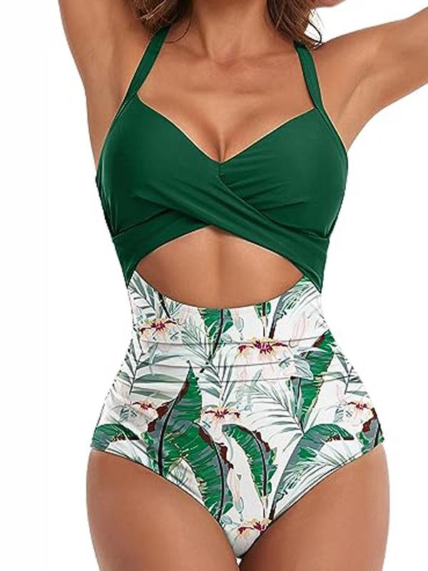 Women's Criss Cross Cut Out Ruched Tie Back Swimsuit, Bathing Suits 2024 for Women, Summer Tummy Control Swimwear, Adjustable Strap Backless One-piece Swimwear