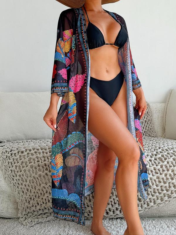 Women's Plants Print Belted Swim Cover Up, Casual Long Sleeve V Neck Cover Up for Beach Holiday Vacation, Ladies Sports Swimwear for All Seasons