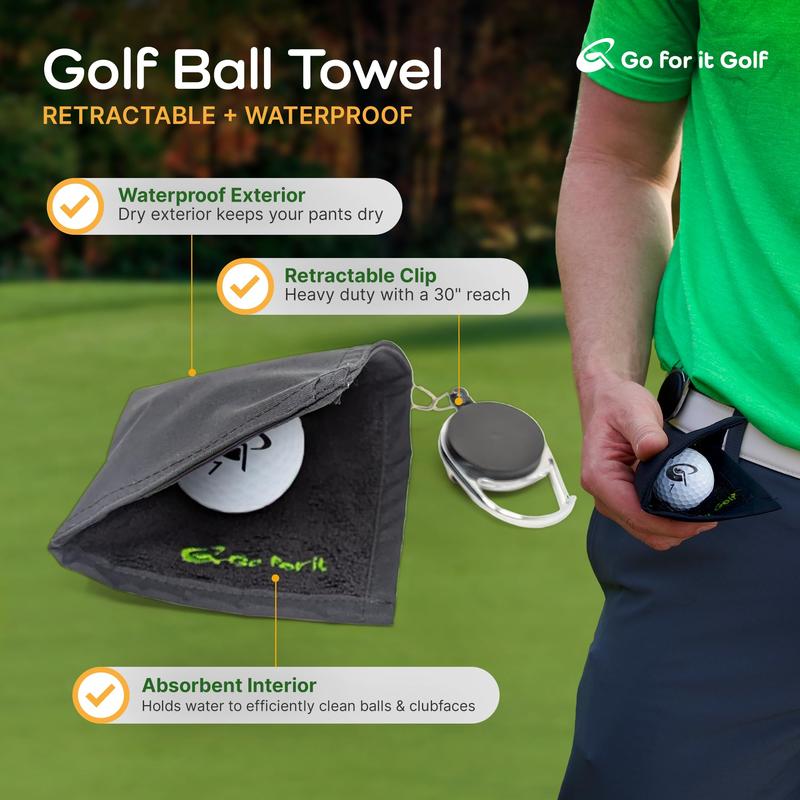 Go For It Golf Golf Ball Towel - Dry-Outside Moist-Inside Dual Layer Function with Retractable Clip 30 Inch long - Absorbent Cleaner for Golf Balls and Clubs golf  equipment