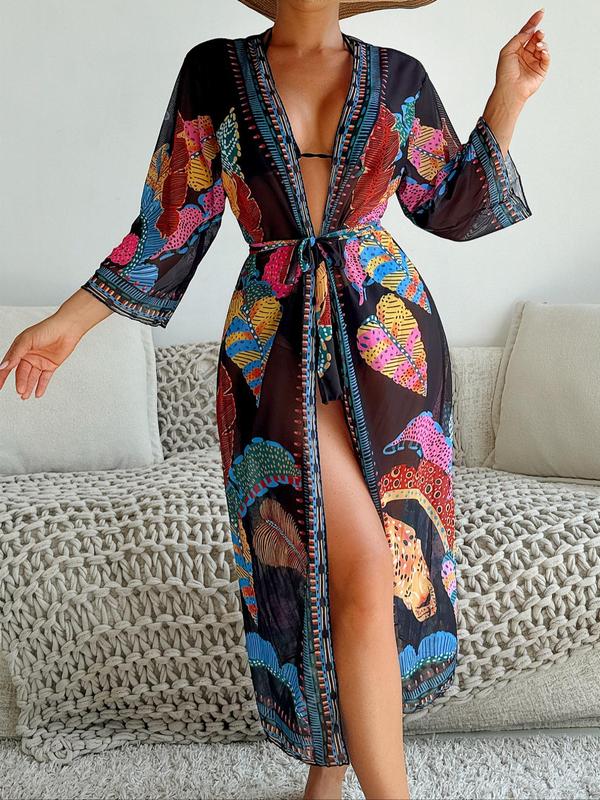 Women's Plants Print Belted Swim Cover Up, Casual Long Sleeve V Neck Cover Up for Beach Holiday Vacation, Ladies Sports Swimwear for All Seasons