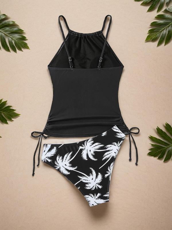 Two-Piece Set Summer Women's Coconut Tree & Letter Print Tankini Swimsuits, Summer Tummy Control Swimwear 2024, Casual Drawstring Ruched Tie Side Swim Top & Drop Waist Swim Panty, Swimsuit for Women, Bathing Suits Women